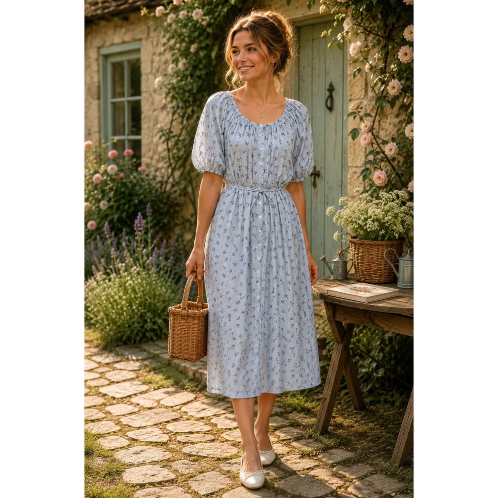 ROOLEE Wandering Free Blue Floral‎ Dress Midi Tie Waist Buttons Raglan Small
